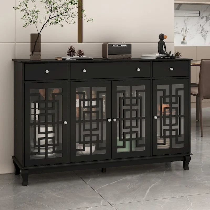 Credenza bianca in legno con ante in vetro geometriche e cassetti