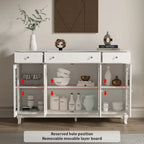 White Wood Sideboard Buffet Cabinet with Geometric Glass Doors and Drawers