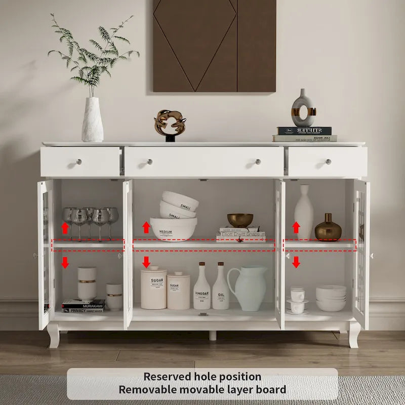 White Wood Sideboard Buffet Cabinet with Geometric Glass Doors and Drawers