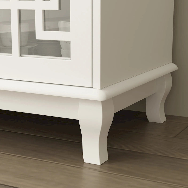 White Wood Sideboard Buffet Cabinet with Geometric Glass Doors and Drawers