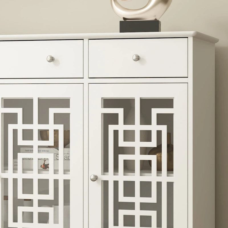 White Wood Sideboard Buffet Cabinet with Geometric Glass Doors and Drawers