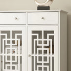 White Wood Sideboard Buffet Cabinet with Geometric Glass Doors and Drawers
