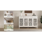 White Wood Sideboard Buffet Cabinet with Geometric Glass Doors and Drawers