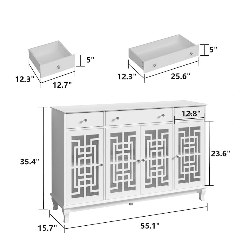 White Wood Sideboard Buffet Cabinet with Geometric Glass Doors and Drawers