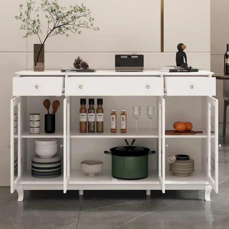 White Wood Sideboard Buffet Cabinet with Geometric Glass Doors and Drawers