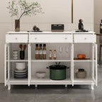 White Wood Sideboard Buffet Cabinet with Geometric Glass Doors and Drawers