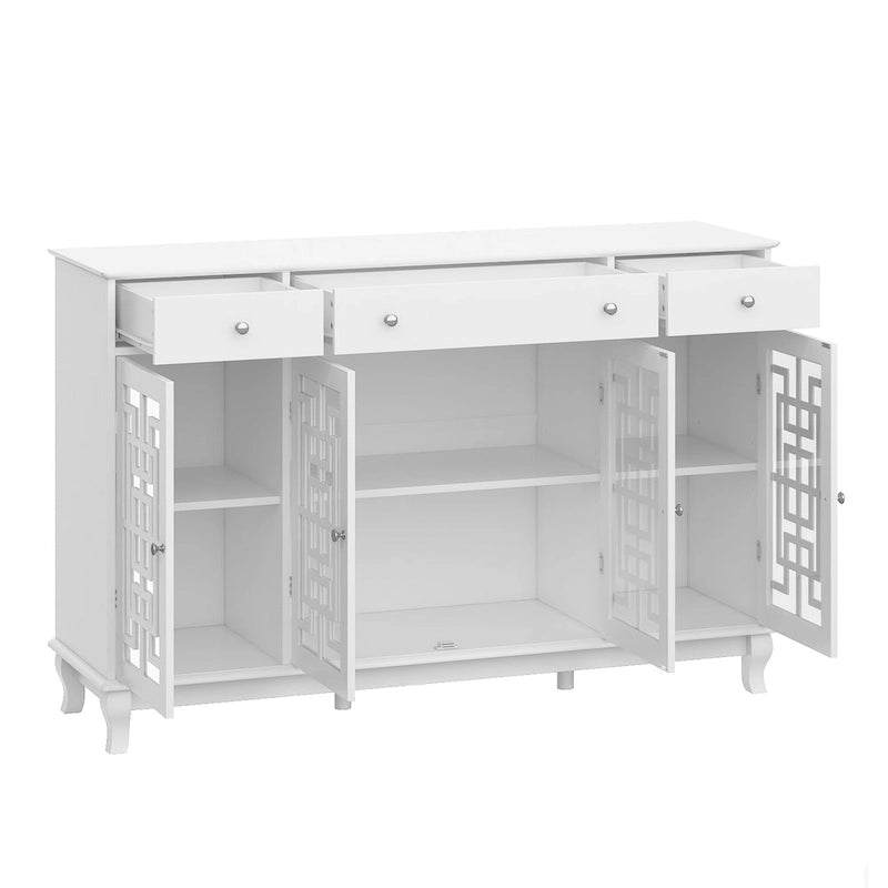 White Wood Sideboard Buffet Cabinet with Geometric Glass Doors and Drawers