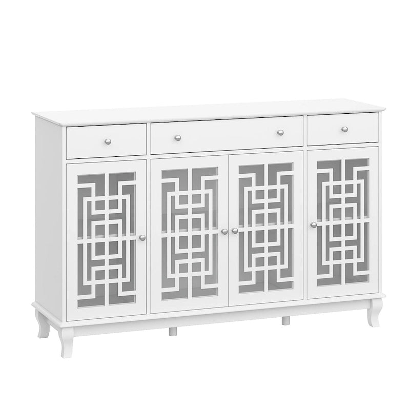 White Wood Sideboard Buffet Cabinet with Geometric Glass Doors and Drawers