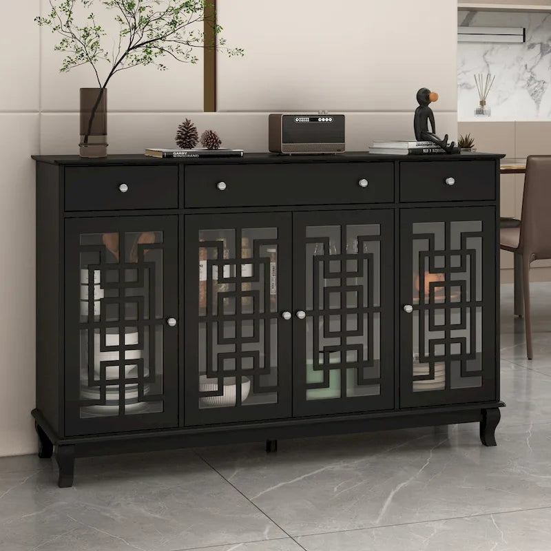 White Wood Sideboard Buffet Cabinet with Geometric Glass Doors and Drawers