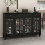 White Wood Sideboard Buffet Cabinet with Geometric Glass Doors and Drawers