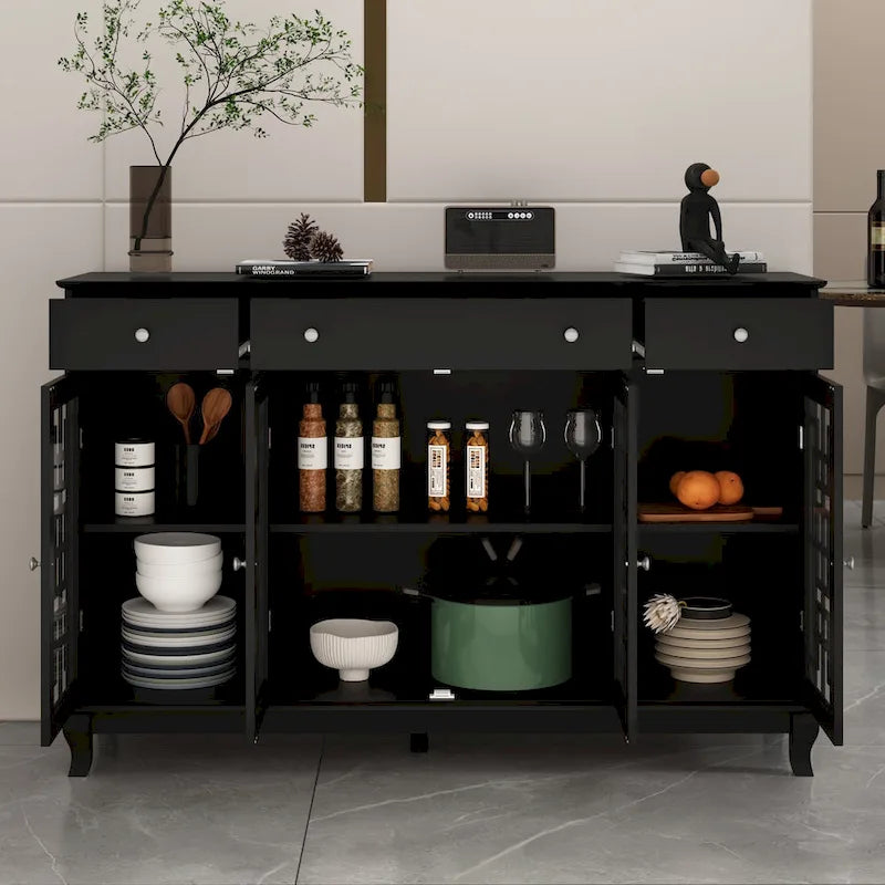 White Wood Sideboard Buffet Cabinet with Geometric Glass Doors and Drawers