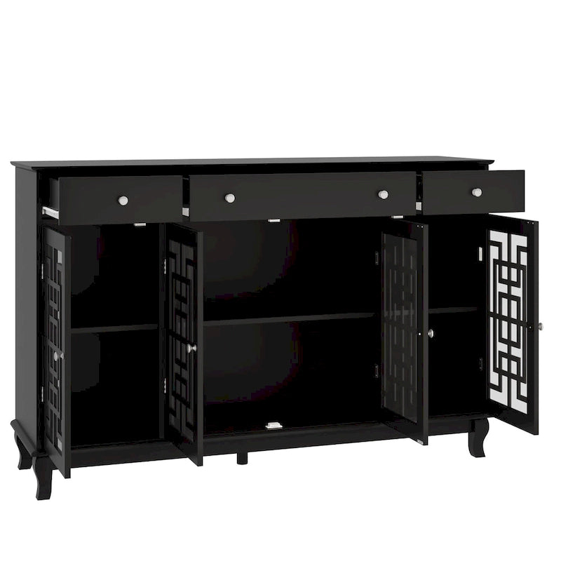 White Wood Sideboard Buffet Cabinet with Geometric Glass Doors and Drawers