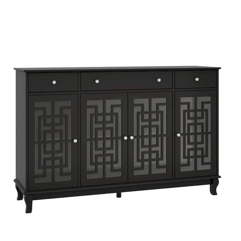 White Wood Sideboard Buffet Cabinet with Geometric Glass Doors and Drawers