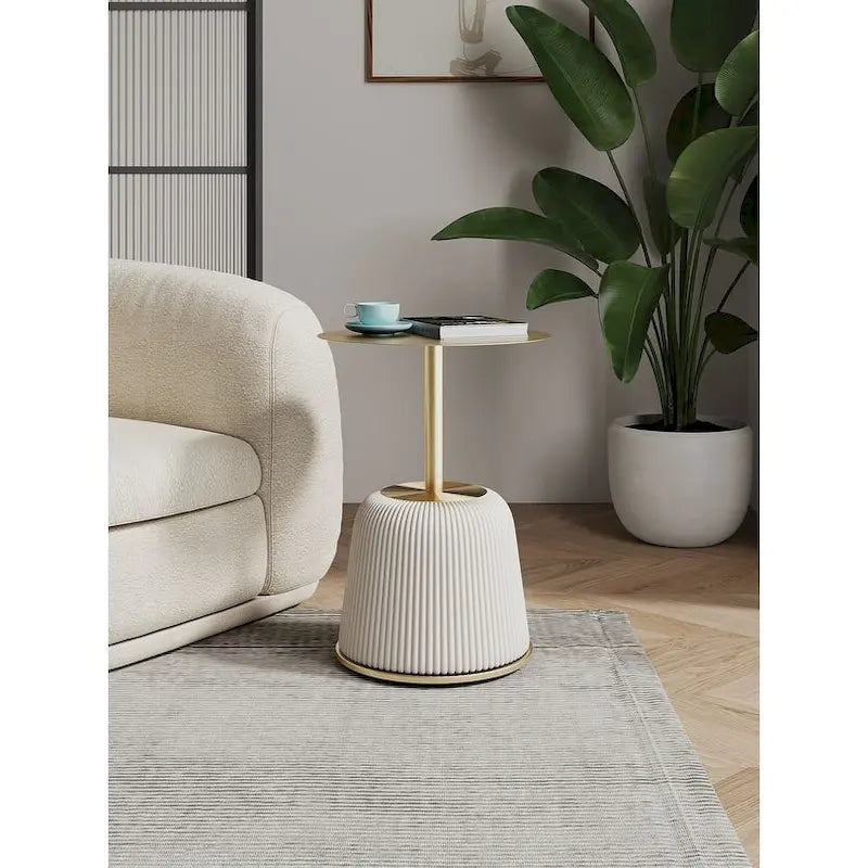 Round Pleated Leatherette End Table with Gold Steel Top