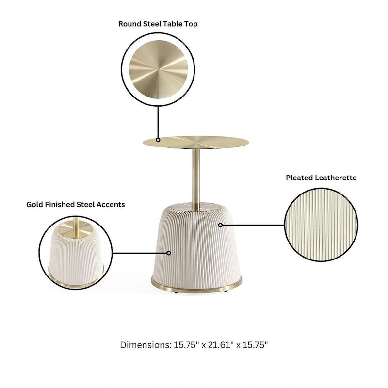 Round Pleated Leatherette End Table with Gold Steel Top