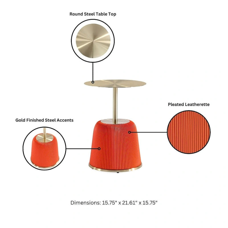 Round Pleated Leatherette End Table with Gold Steel Top