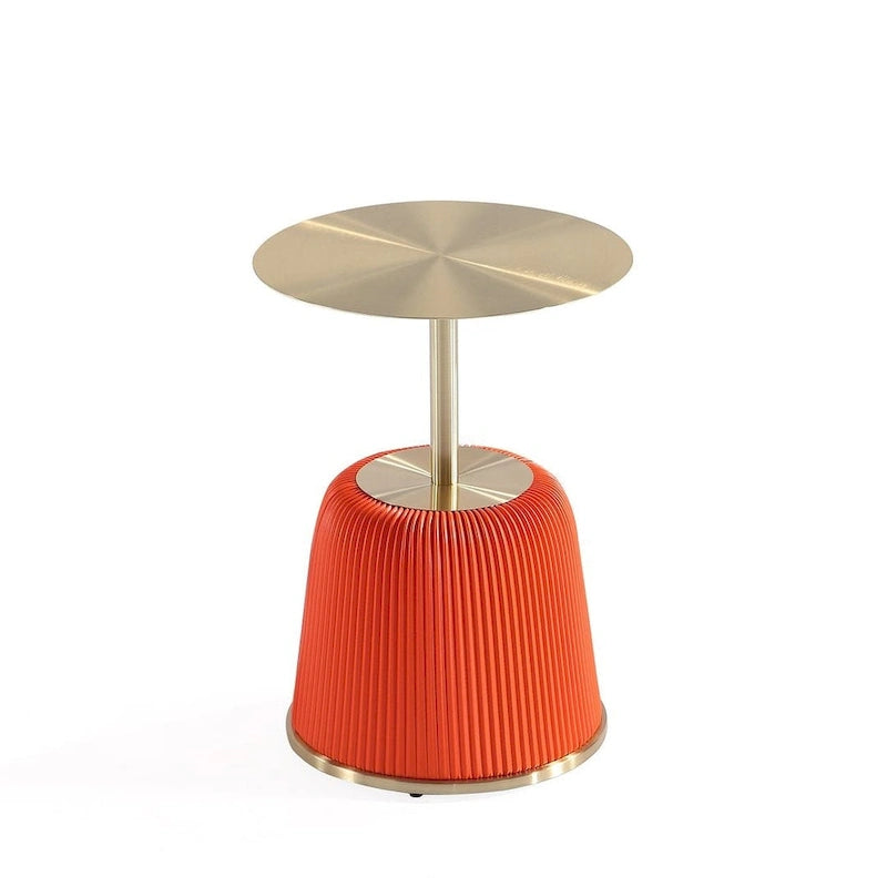 Round Pleated Leatherette End Table with Gold Steel Top