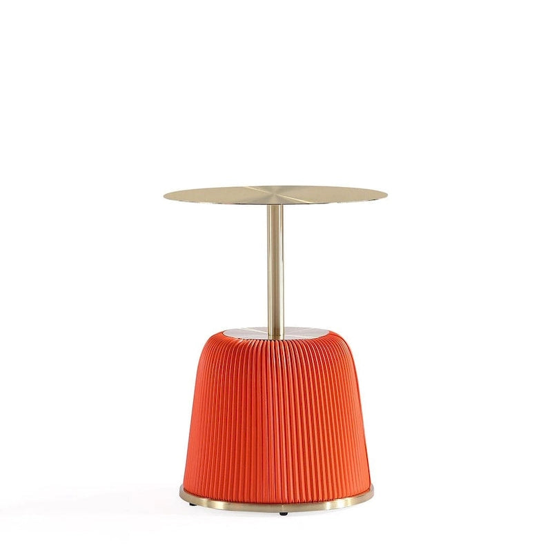 Round Pleated Leatherette End Table with Gold Steel Top