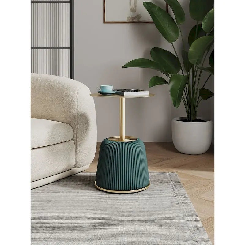 Round Pleated Leatherette End Table with Gold Steel Top