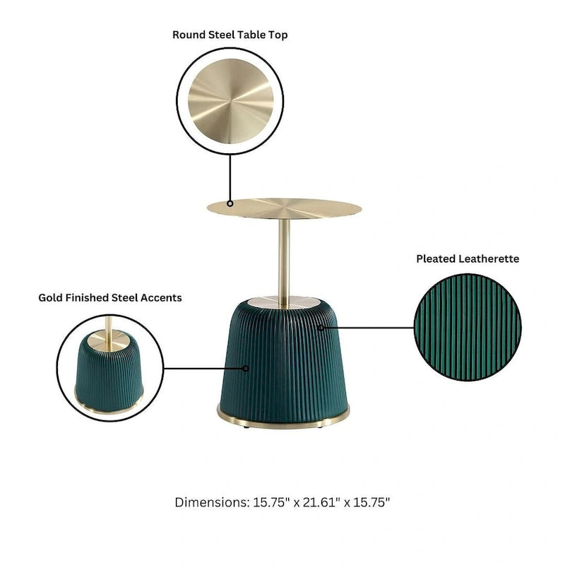 Round Pleated Leatherette End Table with Gold Steel Top