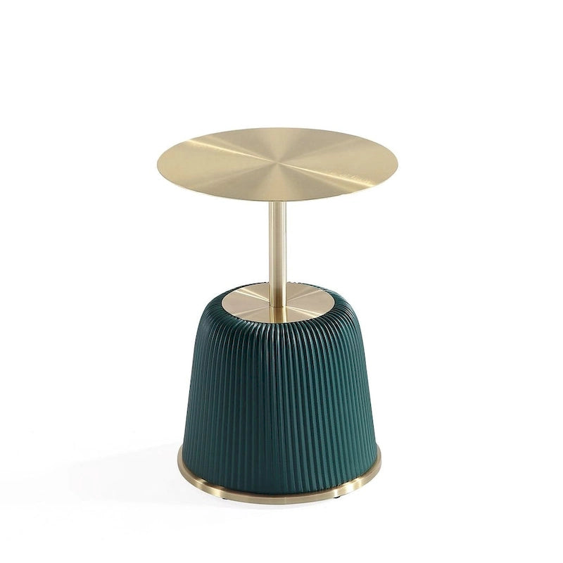 Round Pleated Leatherette End Table with Gold Steel Top