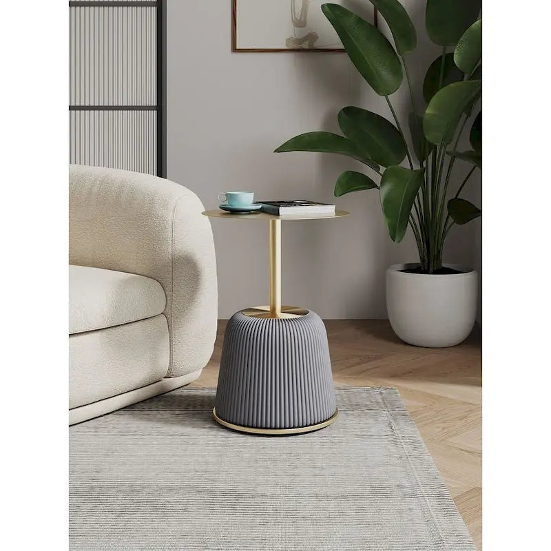 Round Pleated Leatherette End Table with Gold Steel Top