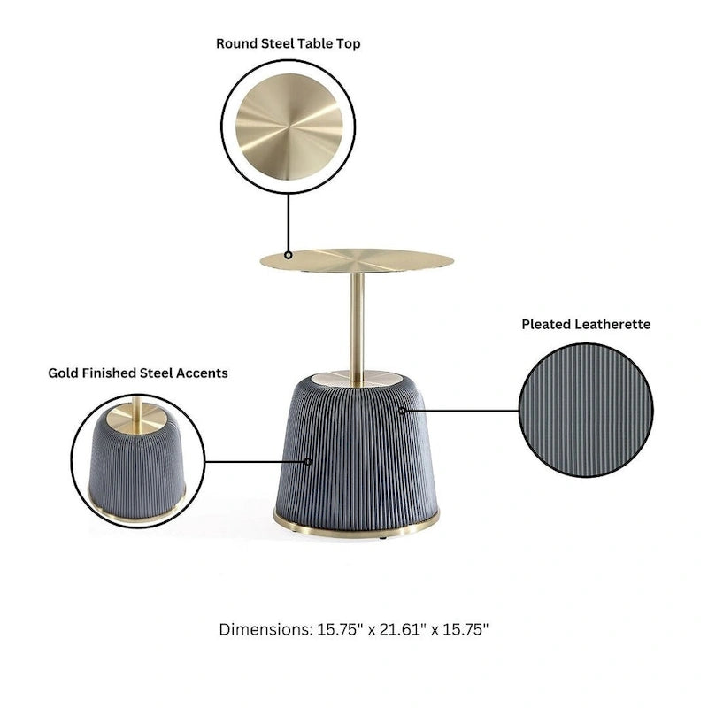 Round Pleated Leatherette End Table with Gold Steel Top