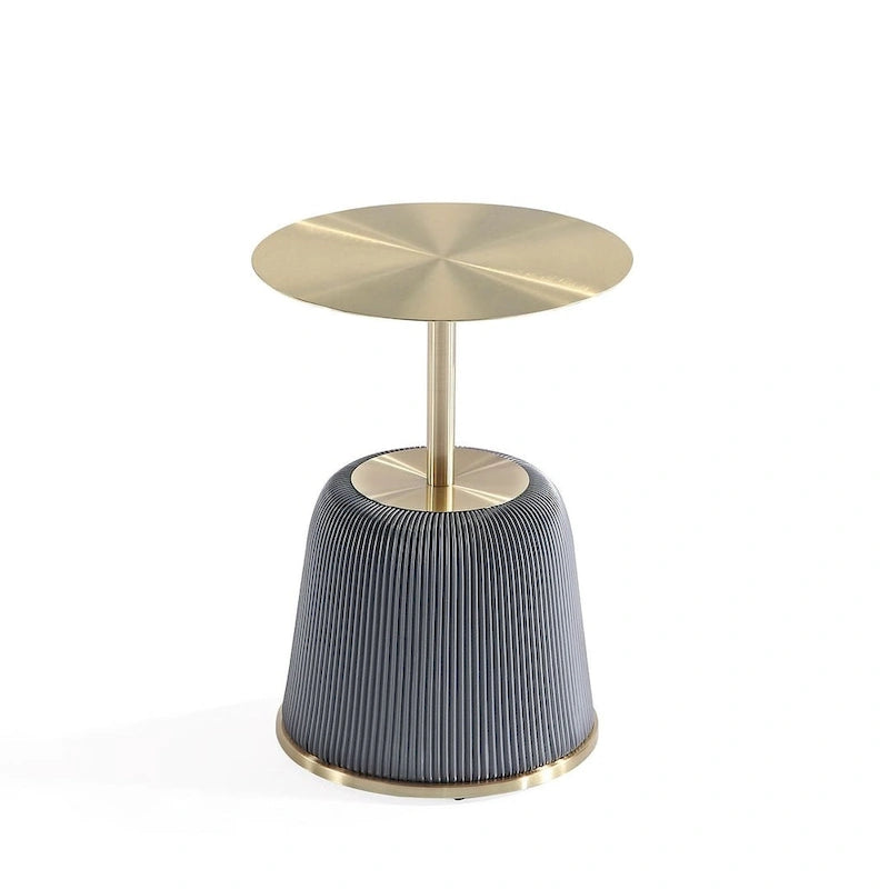 Round Pleated Leatherette End Table with Gold Steel Top