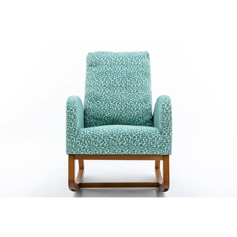 Upholstered High Back Rocking Chair with Solid Wood Base Leopard Teal