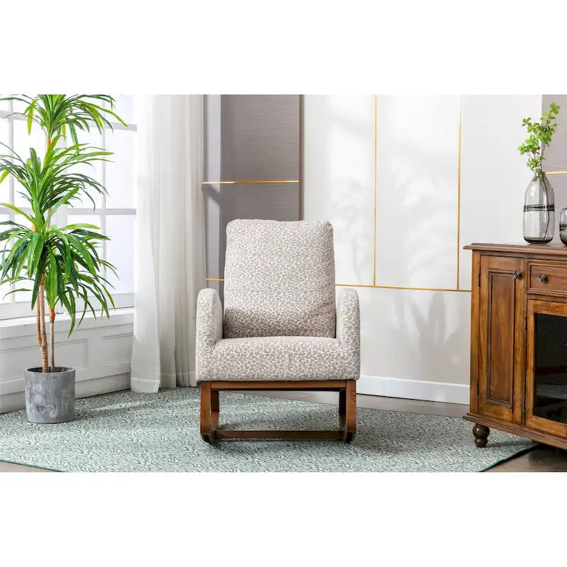 Upholstered High Back Rocking Chair with Solid Wood Base Leopard Teal