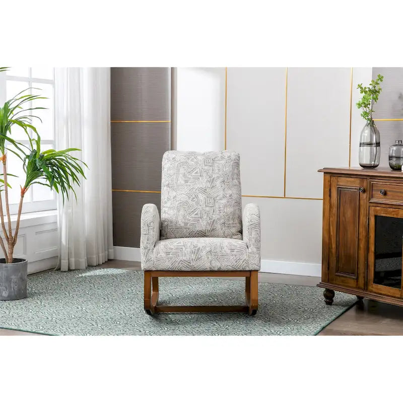 Upholstered High Back Rocking Chair with Solid Wood Base Leopard Teal