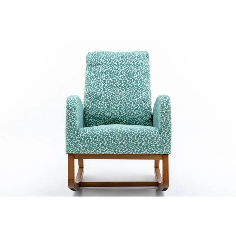 Upholstered High Back Rocking Chair with Solid Wood Base Leopard Teal