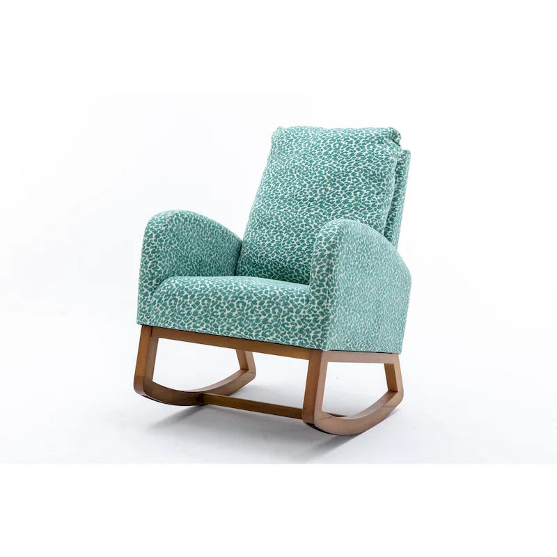 Upholstered High Back Rocking Chair with Solid Wood Base Leopard Teal
