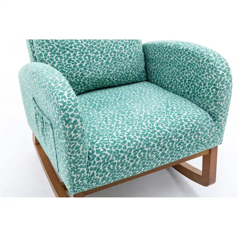 Upholstered High Back Rocking Chair with Solid Wood Base Leopard Teal