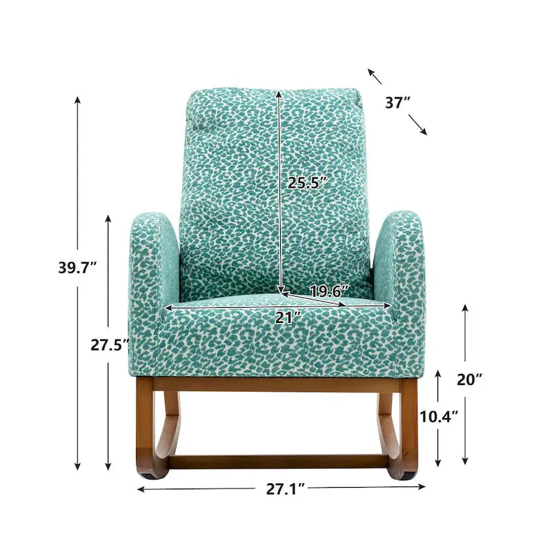 Upholstered High Back Rocking Chair with Solid Wood Base Leopard Teal