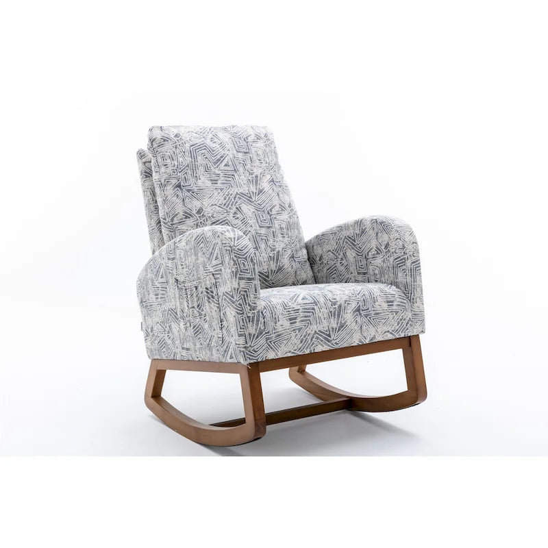 Upholstered High Back Rocking Chair with Solid Wood Base Leopard Teal