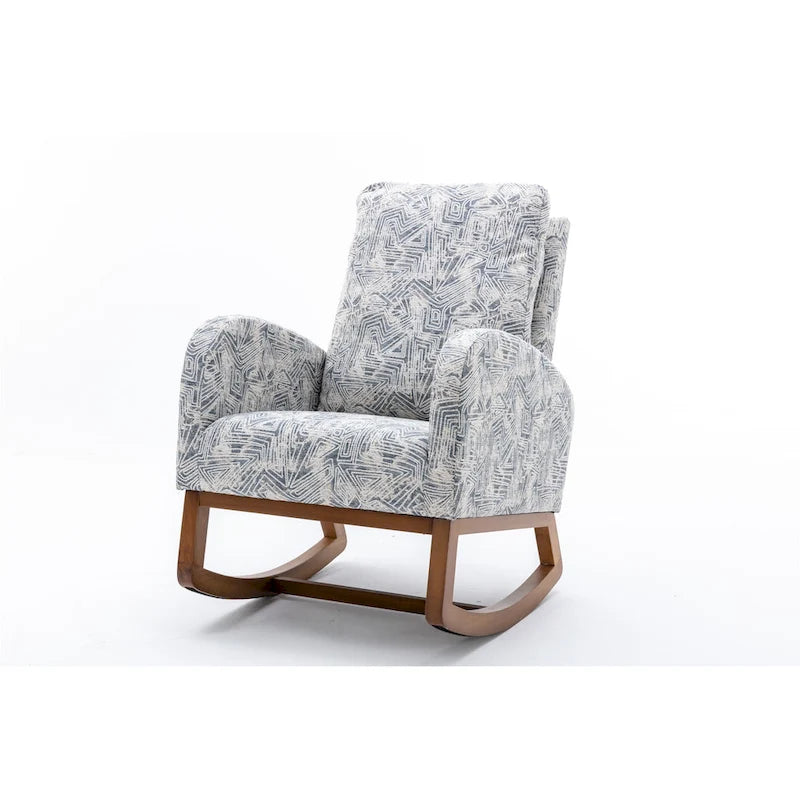 Upholstered High Back Rocking Chair with Solid Wood Base Leopard Teal