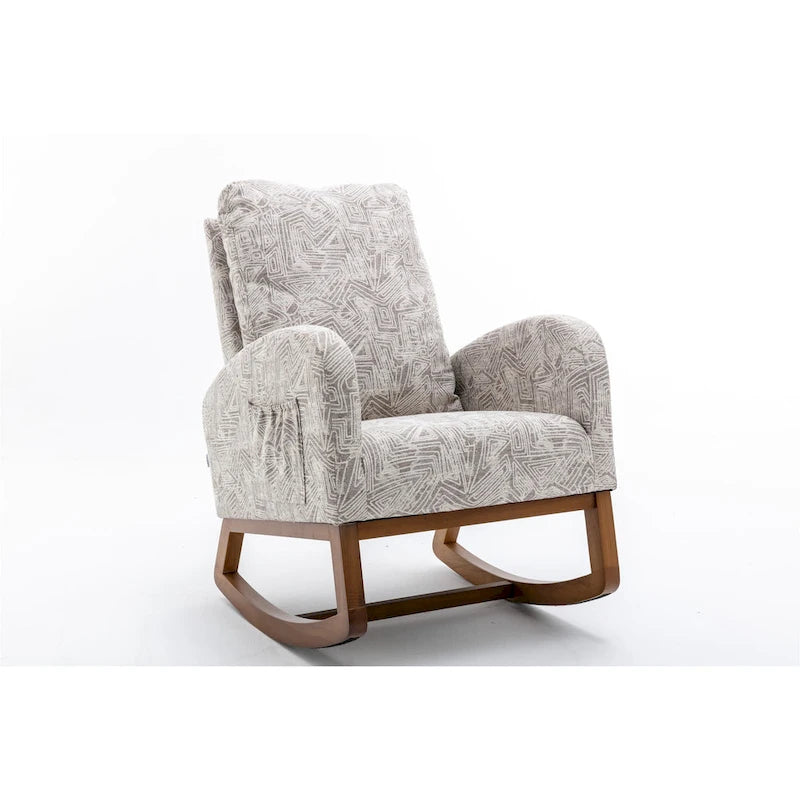 Upholstered High Back Rocking Chair with Solid Wood Base Leopard Teal