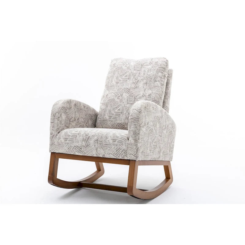 Upholstered High Back Rocking Chair with Solid Wood Base Leopard Teal