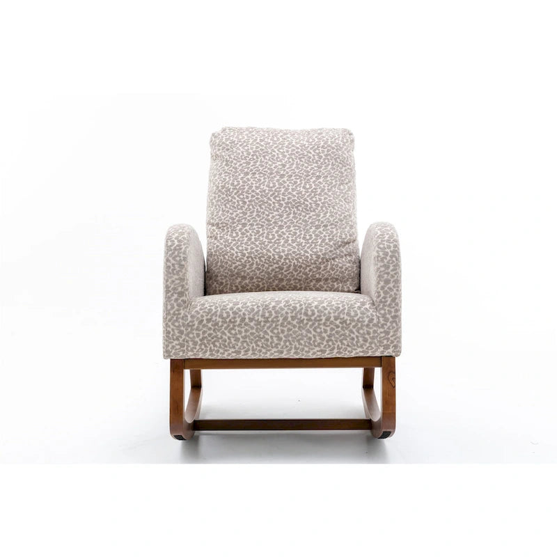 Upholstered High Back Rocking Chair with Solid Wood Base Leopard Teal