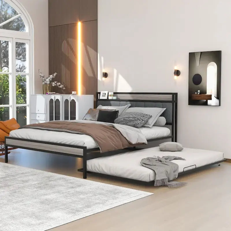 Queen Size Metal Platform Bed Frame with Twin size trundle, Upholstered headboard Sockets, USB Ports and Slat Support