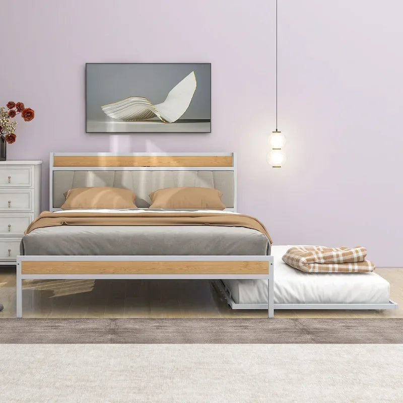 Queen Size Metal Platform Bed Frame with Twin size trundle, Upholstered headboard Sockets, USB Ports and Slat Support