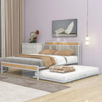 Queen Size Metal Platform Bed Frame with Twin size trundle, Upholstered headboard Sockets, USB Ports and Slat Support