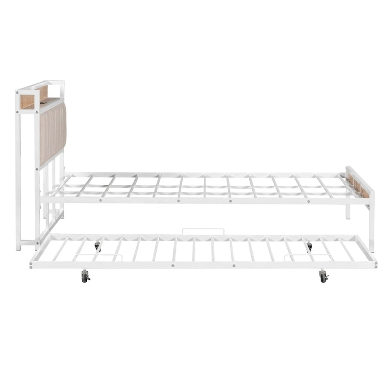 Queen Size Metal Platform Bed Frame with Twin size trundle, Upholstered headboard Sockets, USB Ports and Slat Support