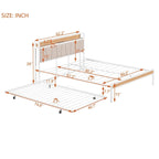 Queen Size Metal Platform Bed Frame with Twin size trundle, Upholstered headboard Sockets, USB Ports and Slat Support