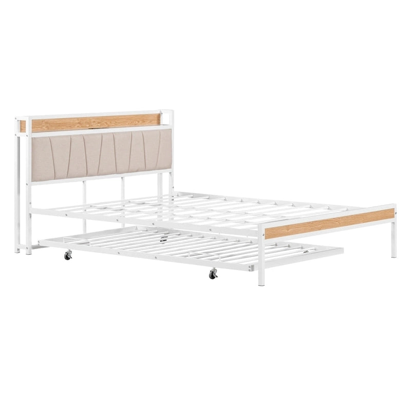 Queen Size Metal Platform Bed Frame with Twin size trundle, Upholstered headboard Sockets, USB Ports and Slat Support