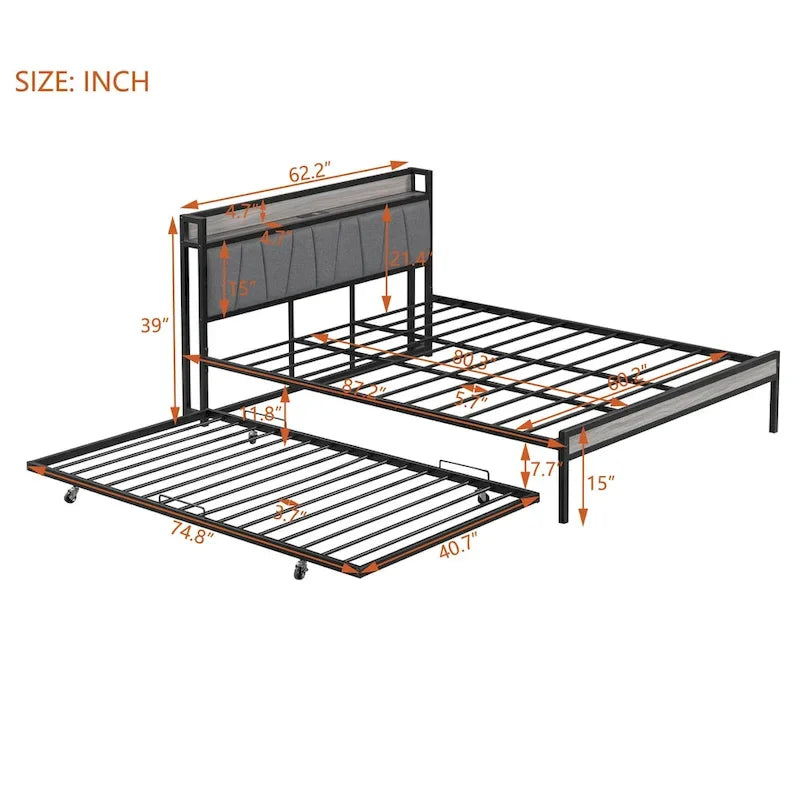 Queen Size Metal Platform Bed Frame with Twin size trundle, Upholstered headboard Sockets, USB Ports and Slat Support