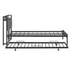 Queen Size Metal Platform Bed Frame with Twin size trundle, Upholstered headboard Sockets, USB Ports and Slat Support