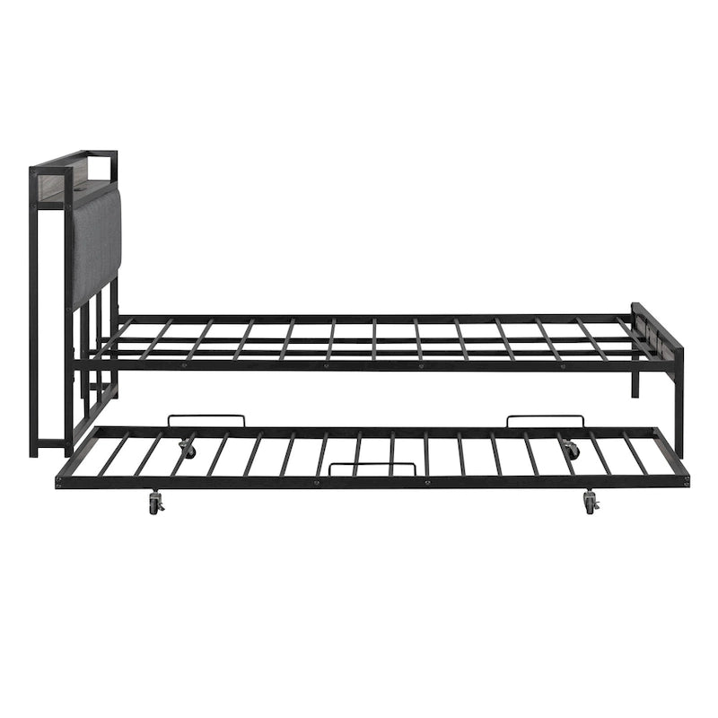 Queen Size Metal Platform Bed Frame with Twin size trundle, Upholstered headboard Sockets, USB Ports and Slat Support