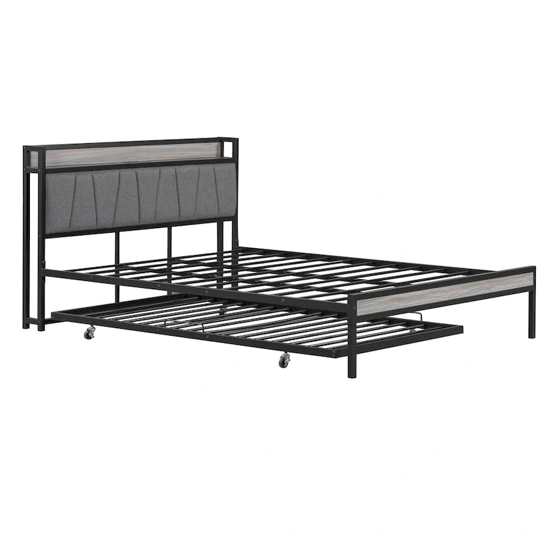 Queen Size Metal Platform Bed Frame with Twin size trundle, Upholstered headboard Sockets, USB Ports and Slat Support